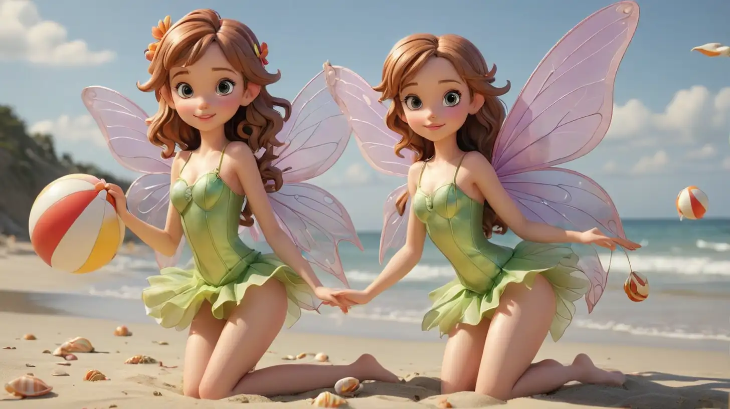 A beautiful girl fairy, 3D, Disney Style, large fairy wings, one fairy, at the beach with a beach ball, shells on the beach, with two legs
