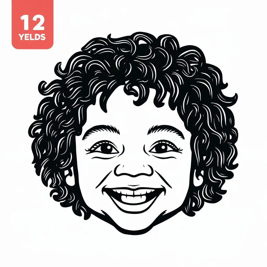 Coloring page for 12 years old. Smile child with curls. Without shadows. Thick black outline, without colors and big details. White background.