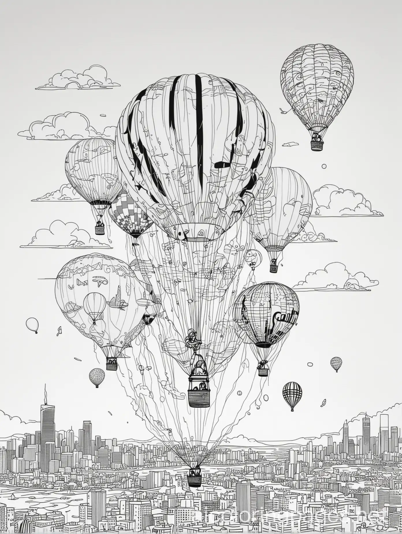 miami city floating on balloons, Coloring Page, black and white, line art, white background, Simplicity, Ample White Space. The background of the coloring page is plain white to make it easy for young children to color within the lines. The outlines of all the subjects are easy to distinguish, making it simple for kids to color without too much difficulty