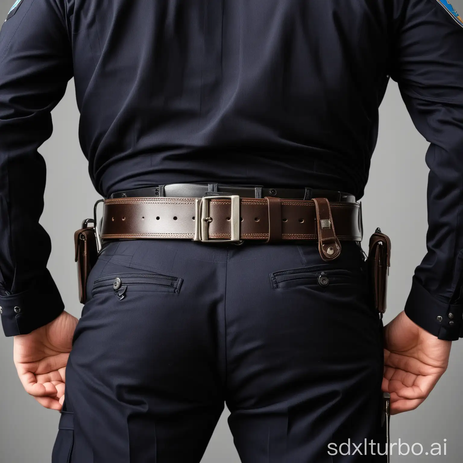 The back of an American police officer, with a belt