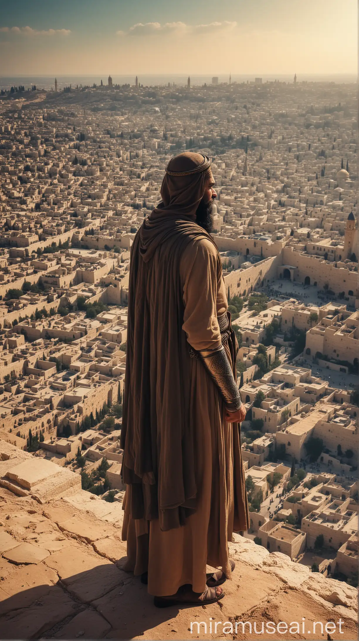 Image Prompt: Show Saladin, the Muslim leader, standing resolutely in the scorching heat of 1187, overlooking the city of Jerusalem, with his army assembled behind him. Describe the determination in his eyes as he prepares to reclaim the holy city from the Crusaders.
 with islamic  tradition HD and 4K