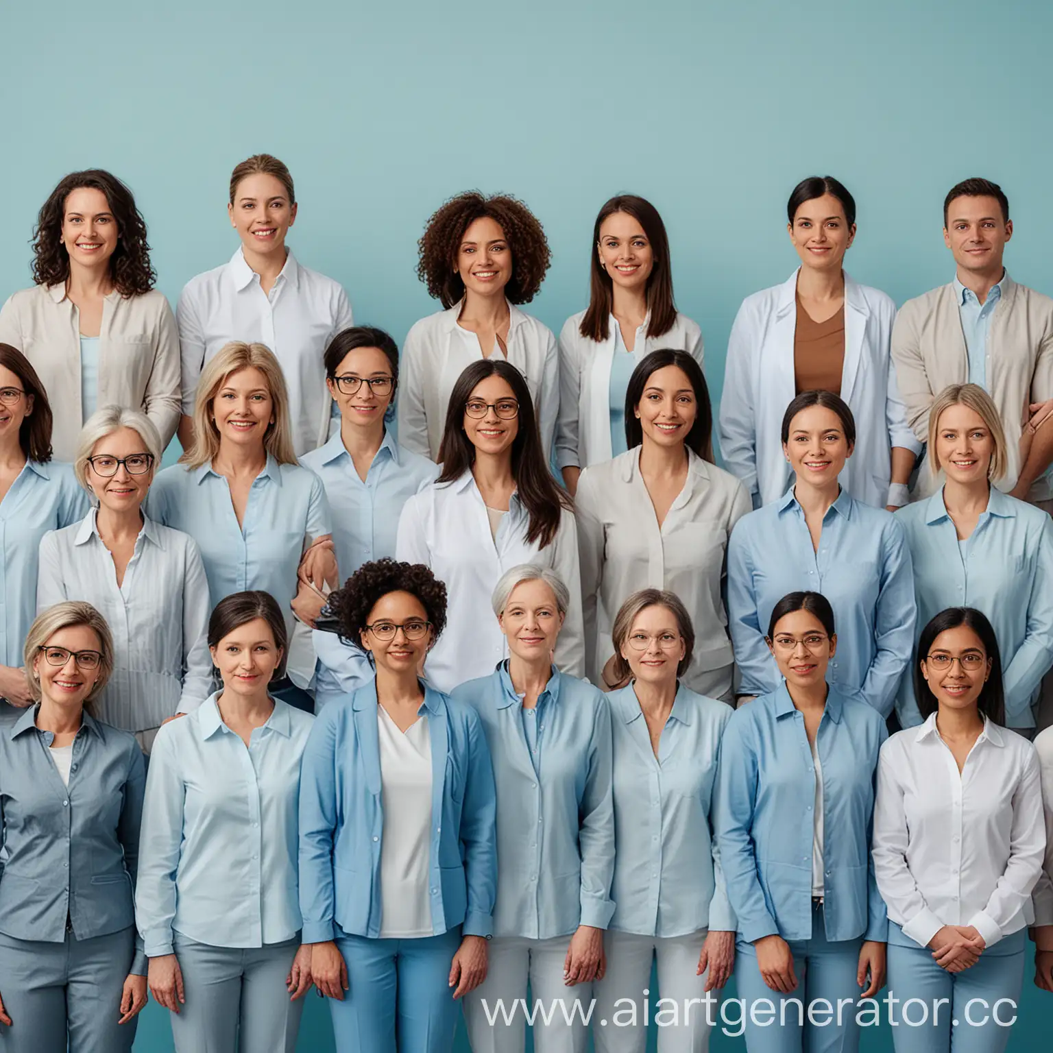 Mother's Day concept: a light blue background with a diverse group of professionals standing together in solidarity