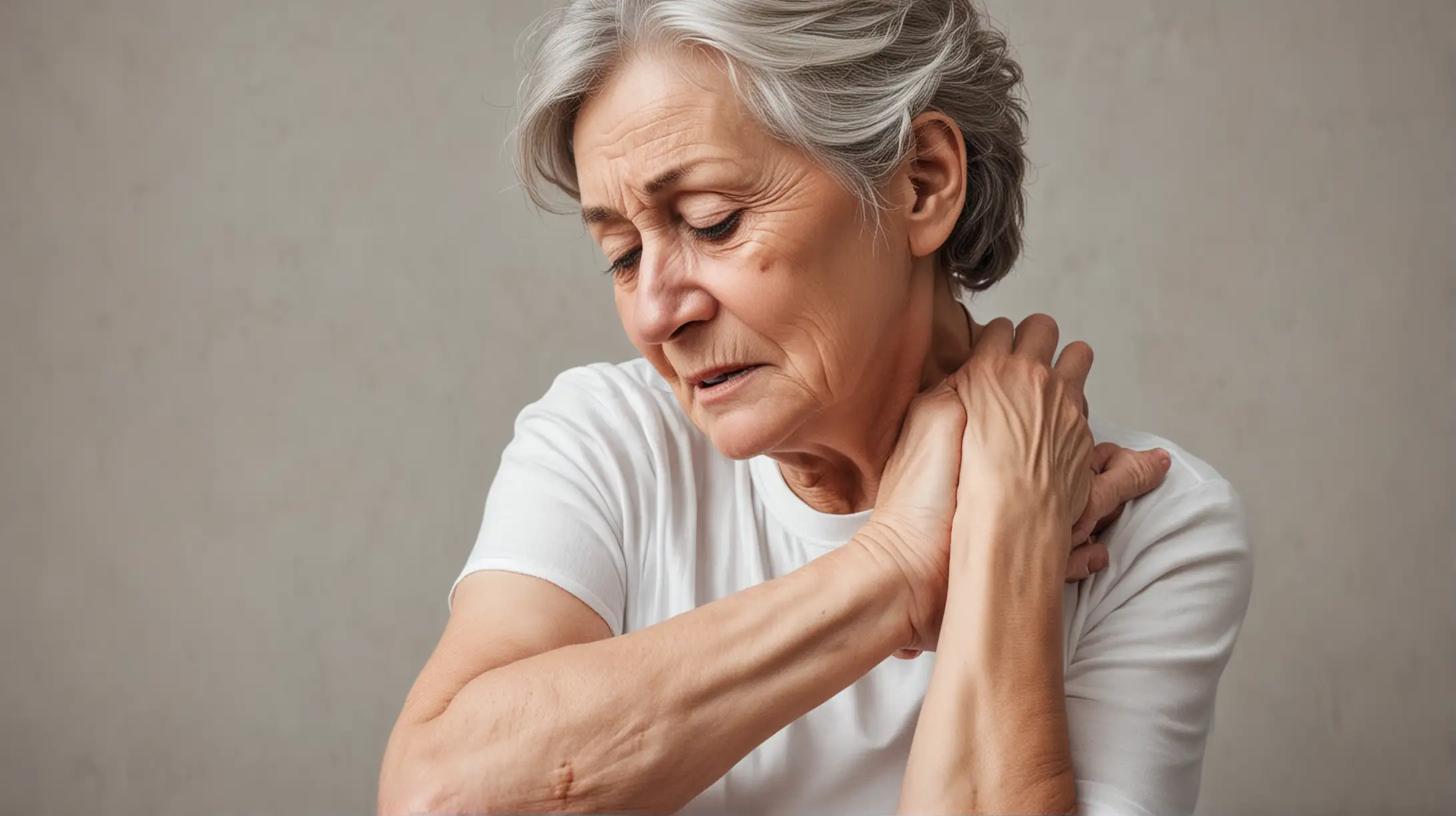 older woman in pain holding an elbow