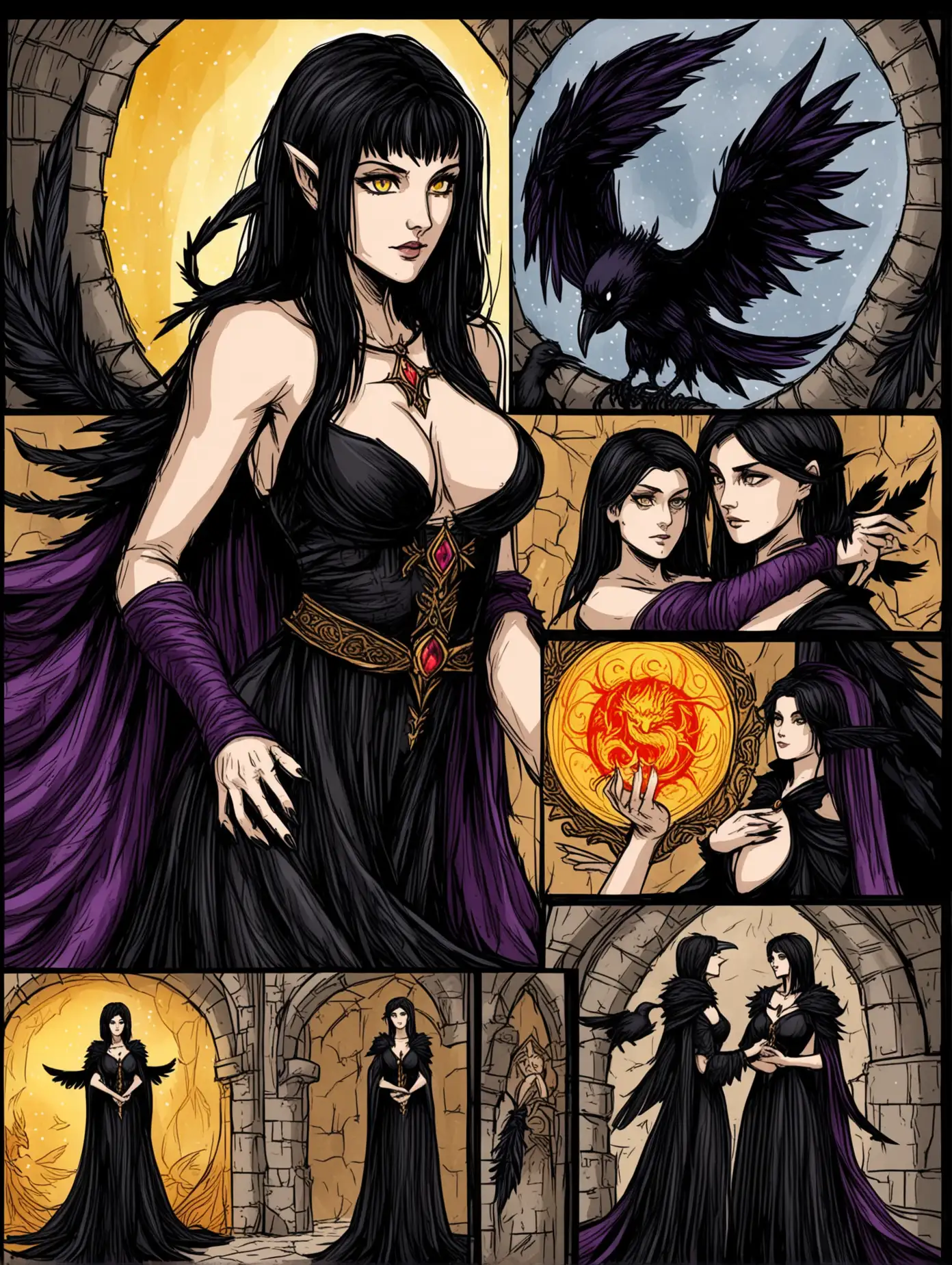 Beautiful-Witch-Morrigan-with-Raven-Feathers-Dress-in-Medieval-Setting