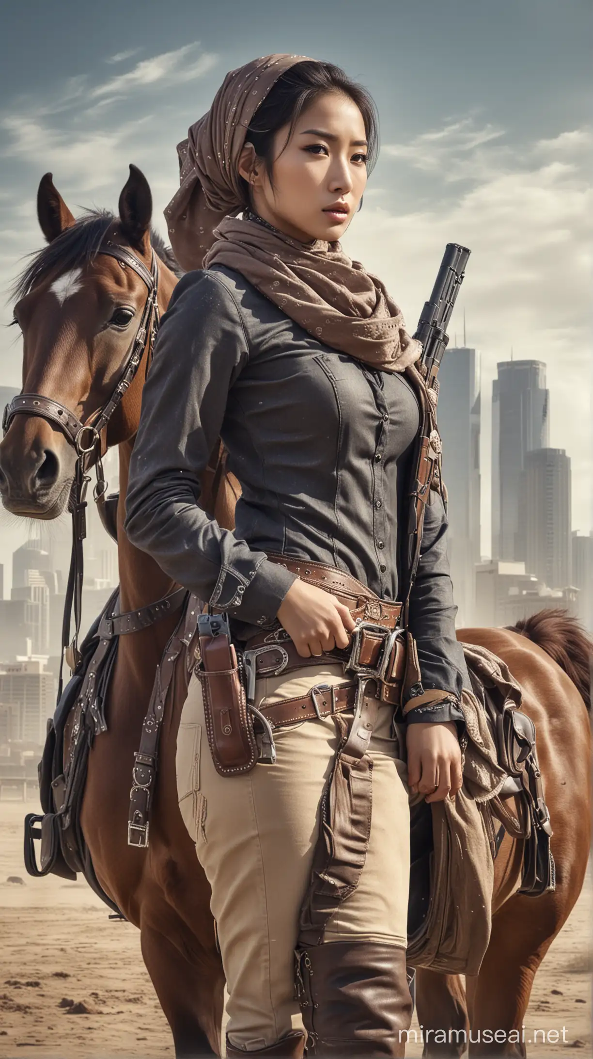 Korean Cowgirl with Shotguns Posing by Horse in Texas Cityscape