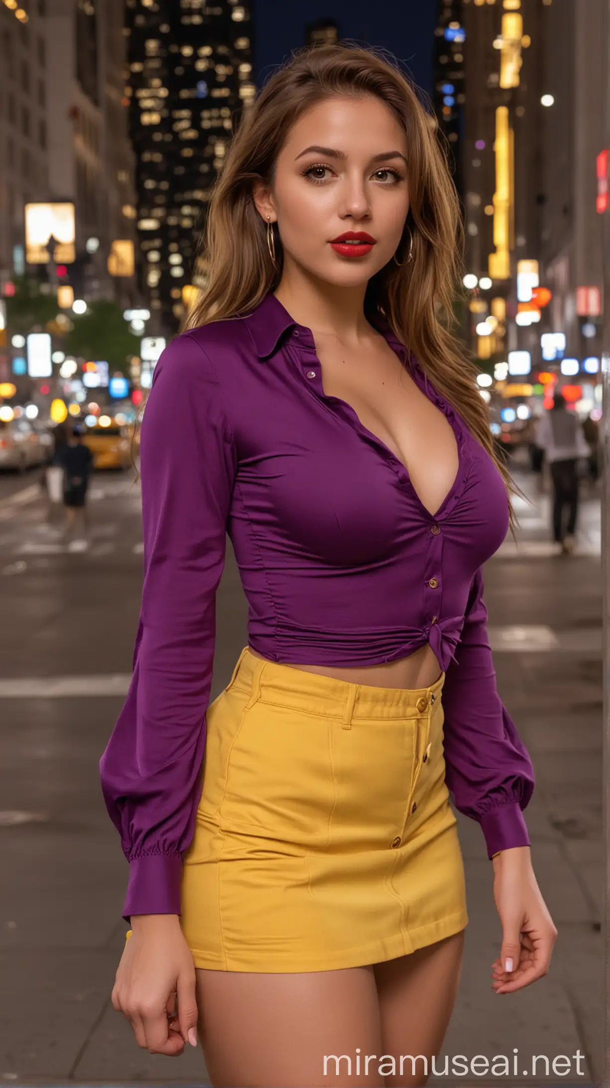 4k Ai art full body beautiful USA slim girl brown hair red lipstick nose ring ear tops purple mini skirt and multiple shirt and yellow bra and big round tits big ass in usa the plaza 5th avenue night view
