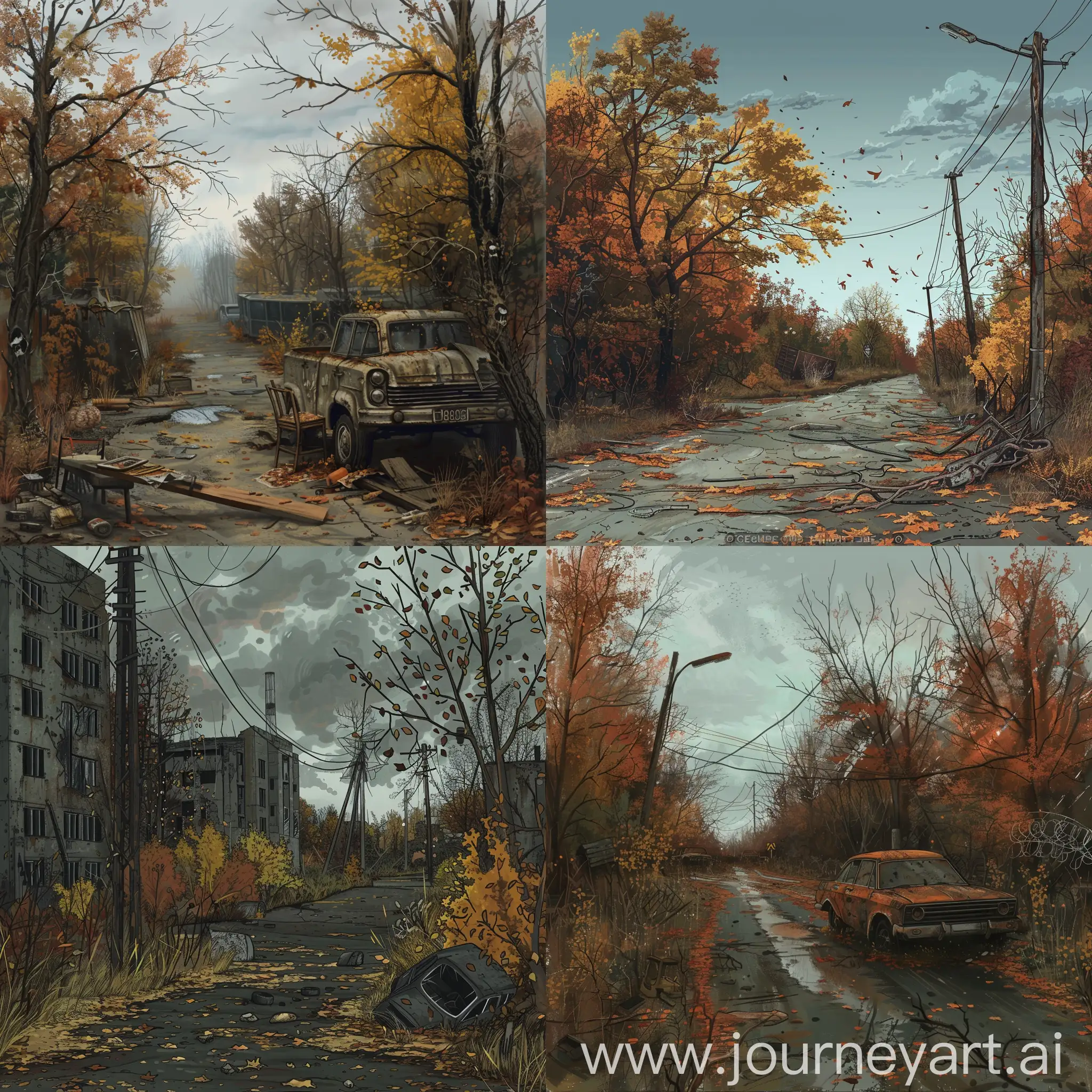 Draw illustrations for an rpg game based on the book by the Strugatsky brothers "Picnic on the side of the Road", draw a dangerous zone in an abandoned Chernobyl, where radiation is raging, gloomy autumn, the style of illustration of the 80s.