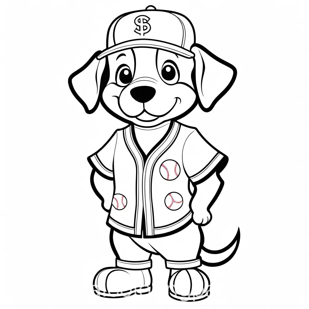 dog wearing baseball uniform cartoon, Coloring Page, black and white, line art, white background, Simplicity, Ample White Space. The background of the coloring page is plain white to make it easy for young children to color within the lines. The outlines of all the subjects are easy to distinguish, making it simple for kids to color without too much difficulty