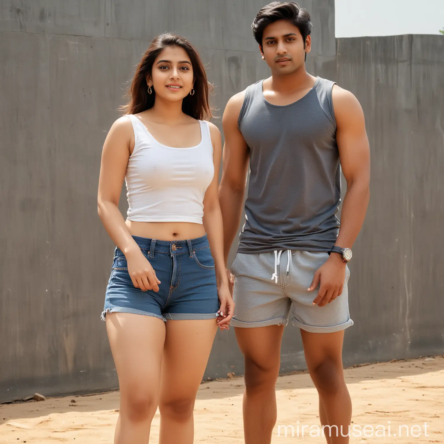 18 year old fair skinned white busty indian girl actress seductress in sleeve-less t-shirt and shorts showing thick thighs with her boy friend