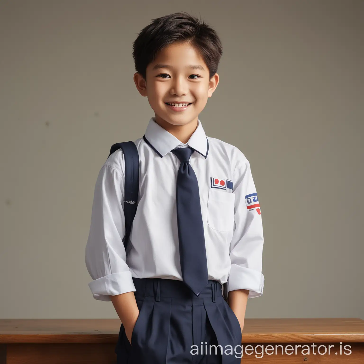 Smiling Korean Boy Studied stand with School Uniform