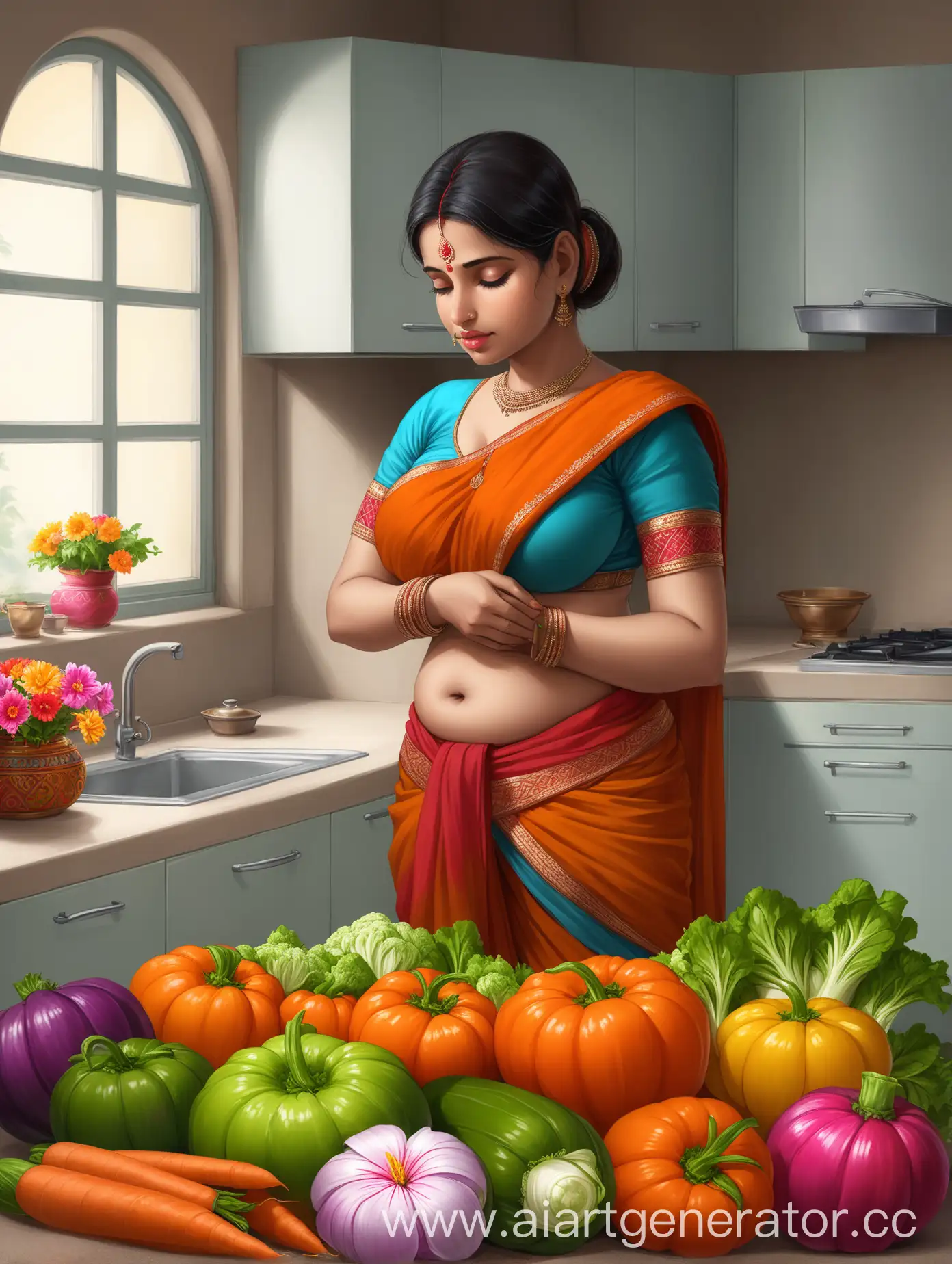 Indian-Housewife-Preparing-Vibrant-Vegetables-in-Blooming-Kitchen-Garden
