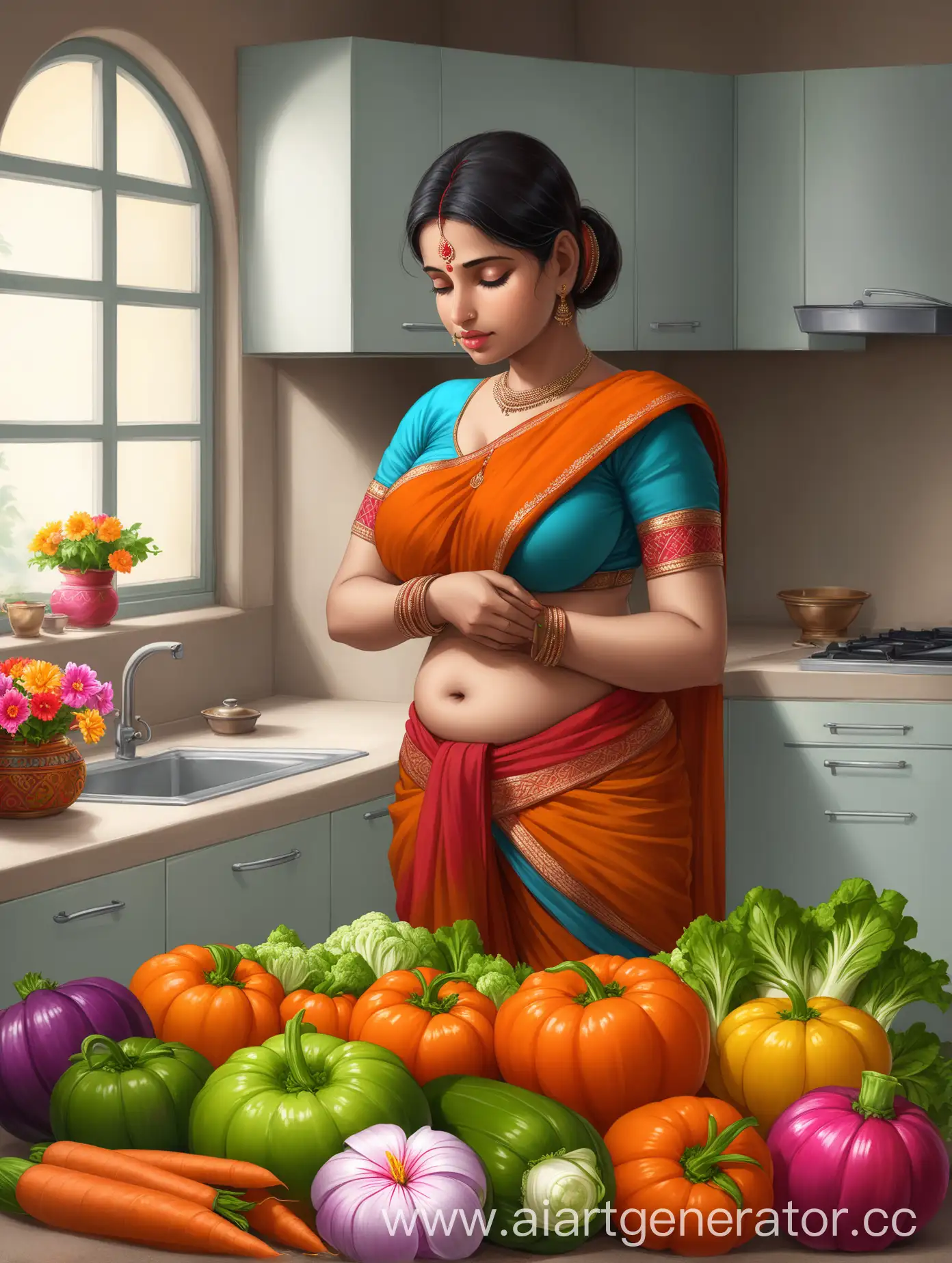 A thick Indian housewife Standing at kitchen, cutting the vegetables, gently protrudes beneath the fabric, She is wearing a short supportless choli that gently hugs her curves, and low waist dhoti, reflecting the vibrant colors of the blooming flowers that surround her. Her eyes are sparkling, her lips parted ever so slightly, as she exhales a contented sigh,