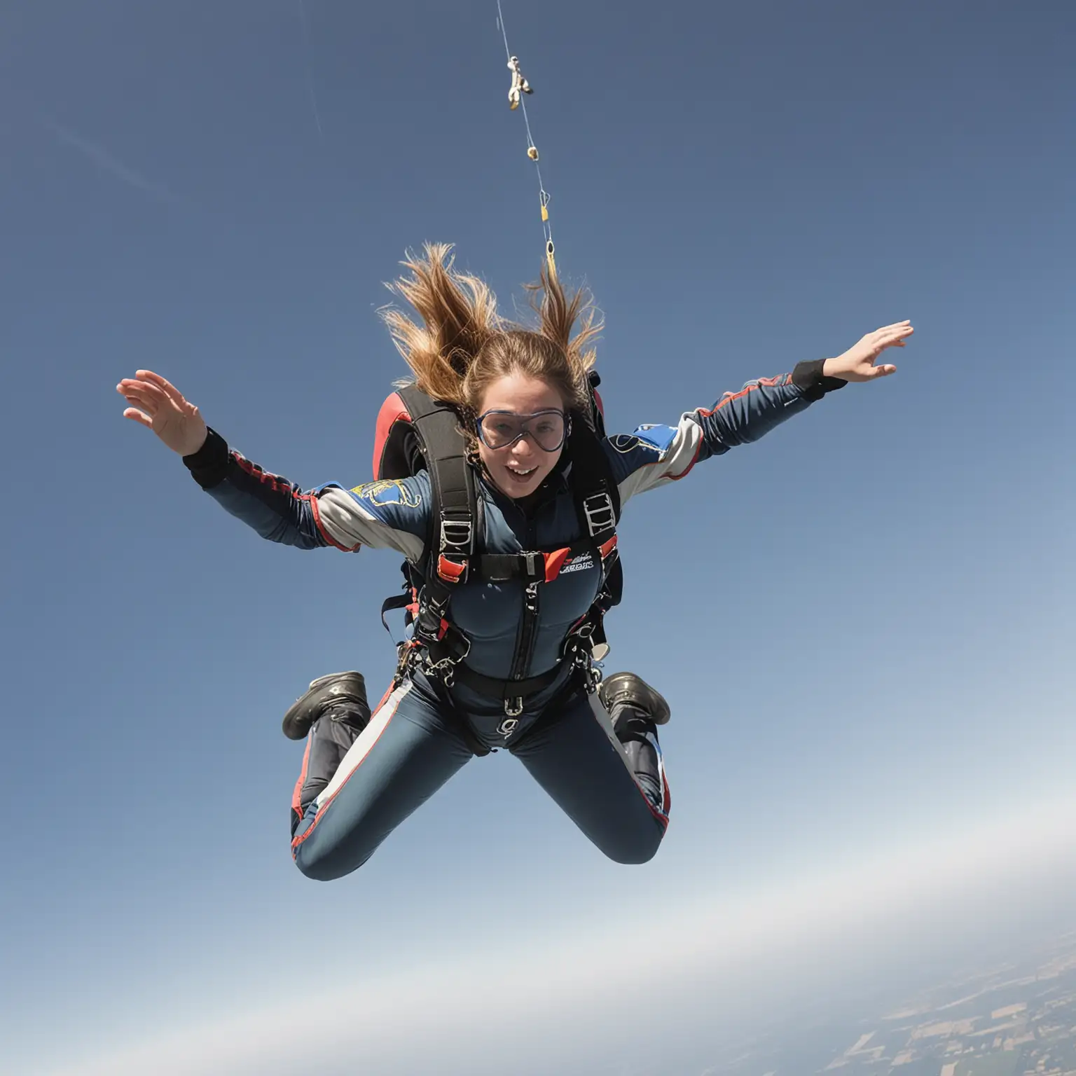 天空中，一年轻女跳伞运动员正在空中降落，女子面向大家