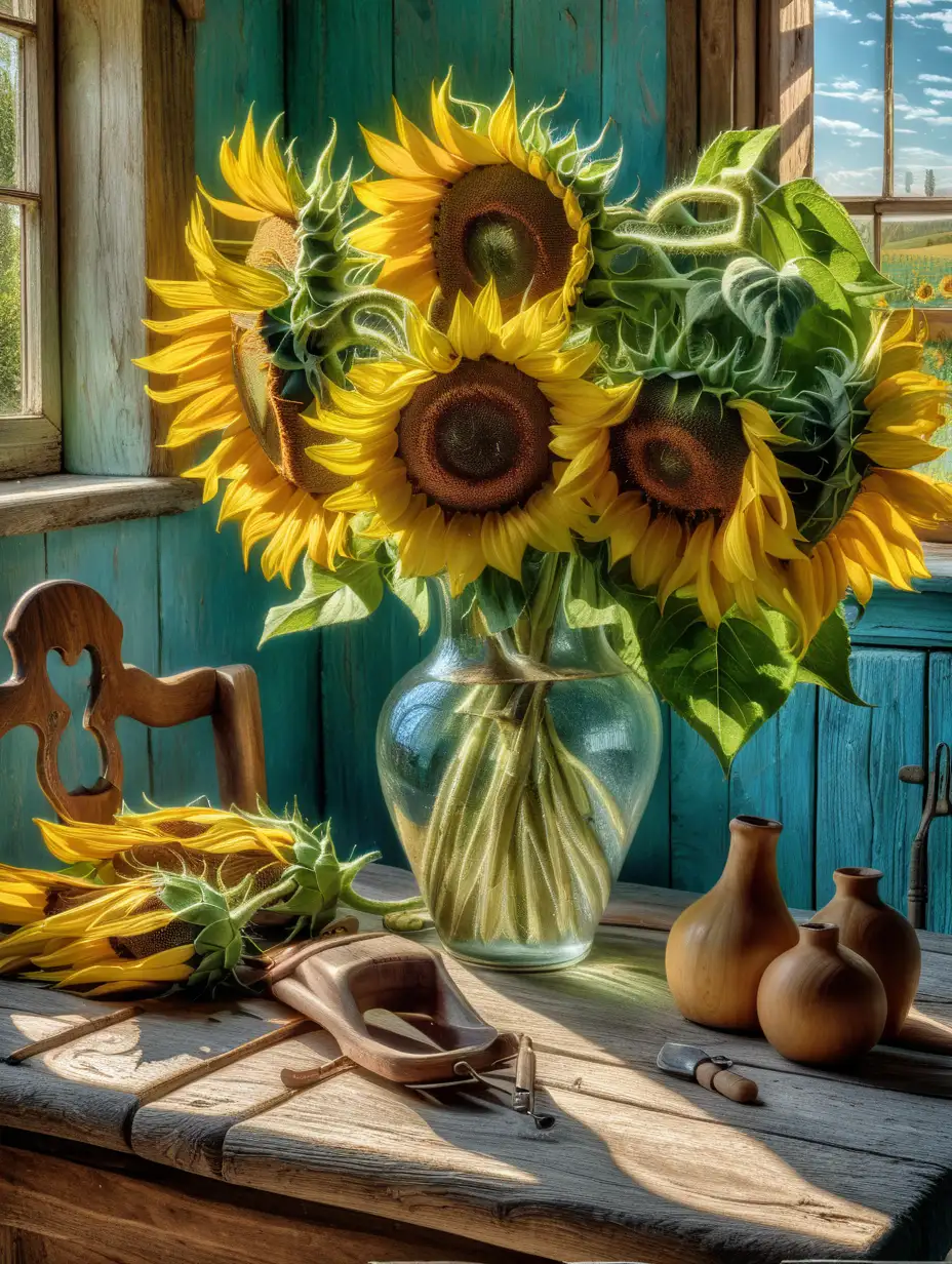 Van Gogh Style Still Life Sunflower Vase in Country Kitchen