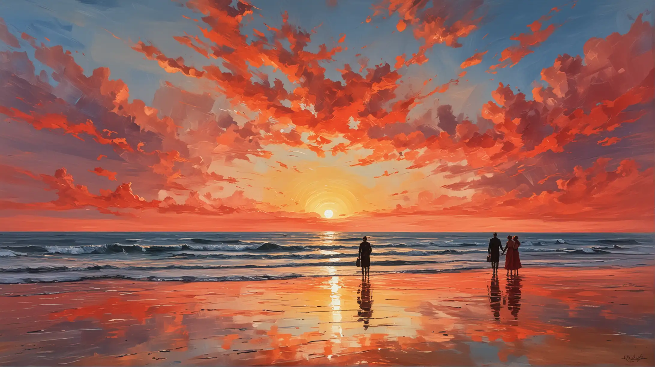 in manet style create and end of the day coastal sunset with a couple walking on the beach with reflection of sunset in part of ocean and red in the part of the sky looking diffused like his paintings