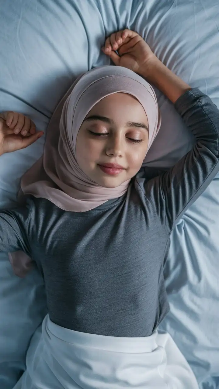 A innocent girl.  14 years old. She wear hijab, skinny t-shirts.
She is beautiful. She lie on the bed.
Bird's eye view, petite, pretty, plump lips. Elegant, From the above, 
