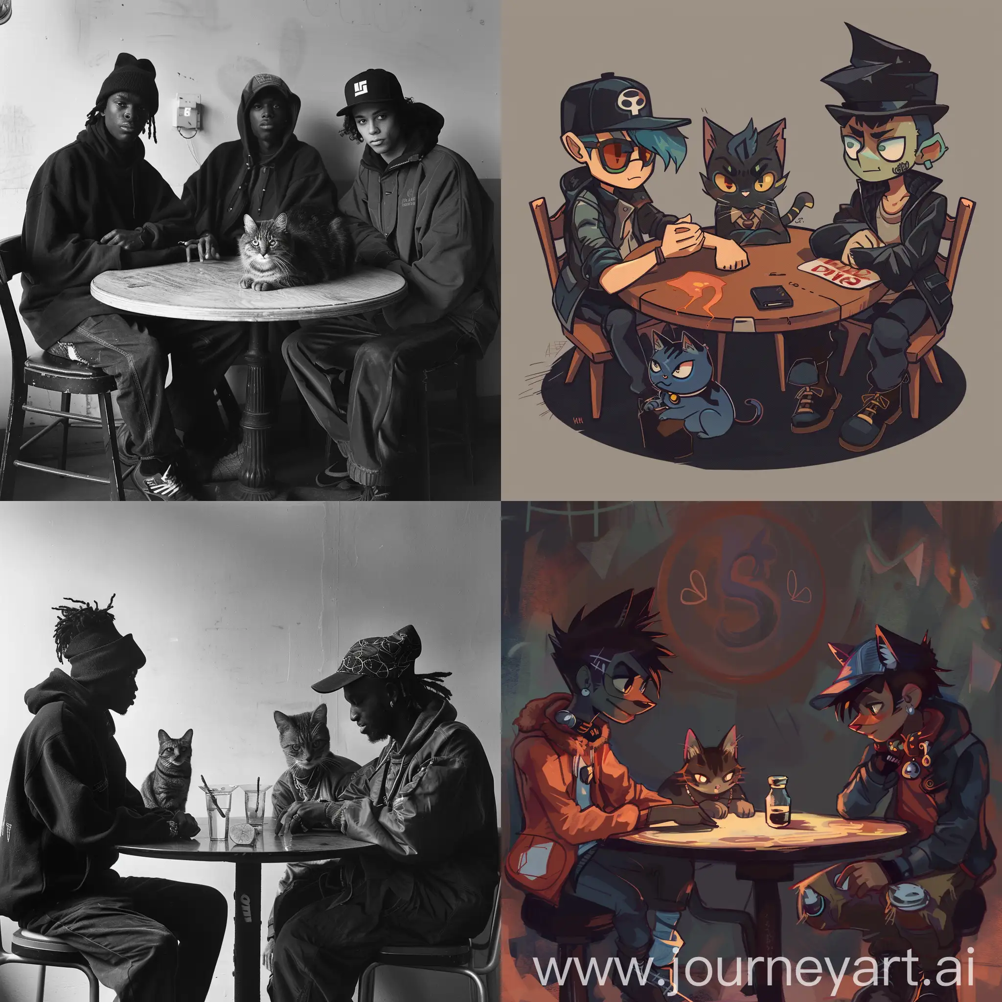 Token S, Young Hustler and Cat sit around the circle table