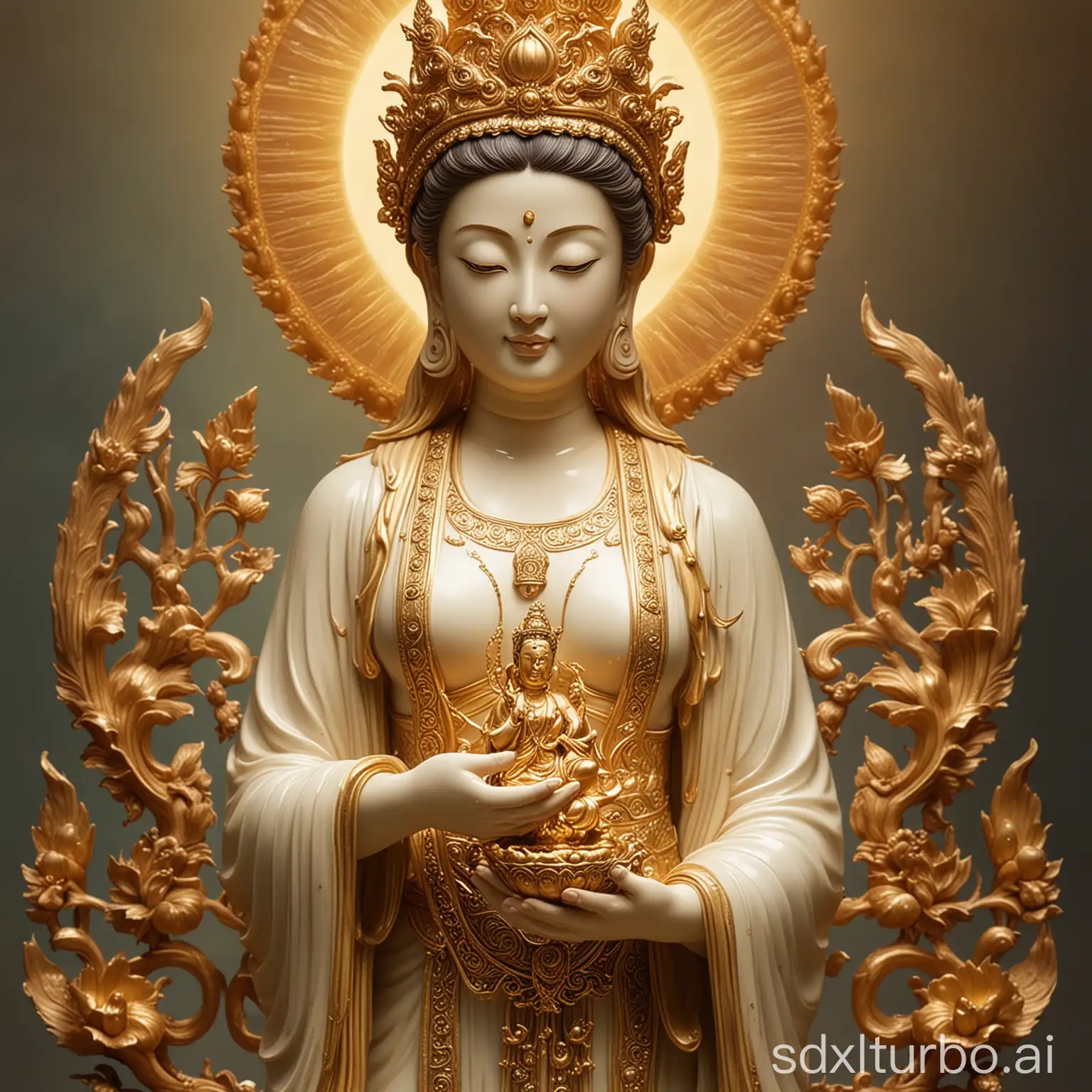 Guanyin Bodhisattva holding a treasure, with a background of Buddha's radiance shining, full-body image, various gentle and large eyes, delicate features.