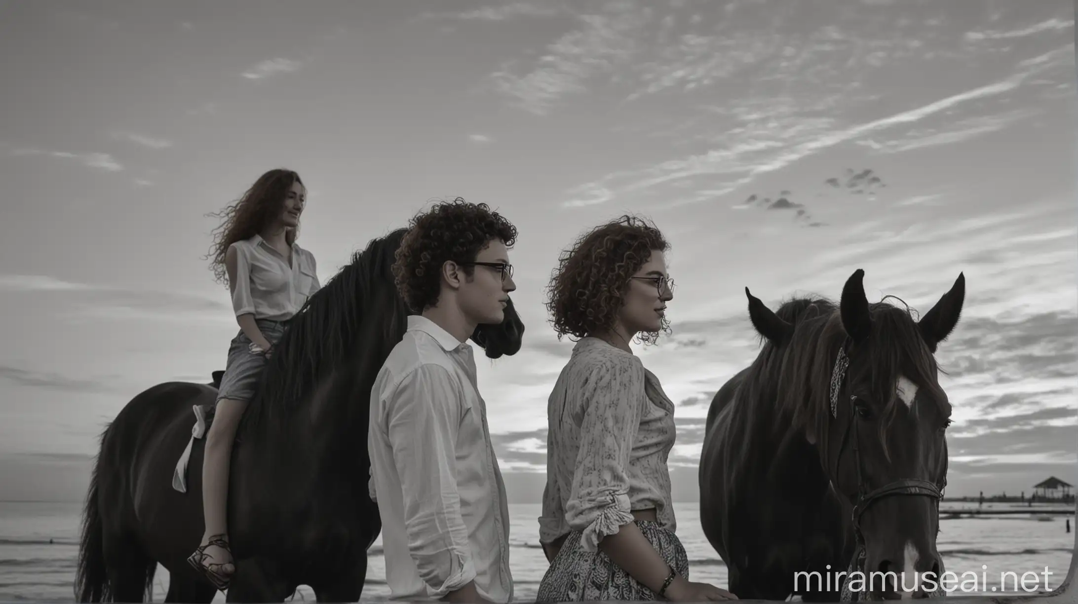 Νεαρός άνδρας με κοντό μαλλί με μπούκλες πάνω σε ψηλό μαύρο άλογο δίπλα του νεαρή γυναίκα με κάστανα μακριά σπαστά μαλλιά πάνω σε ψηλό άσπρο άλογο κοιτάζουν μαζί το ηλιοβασίλεμα σε μια εξωτική παραλία