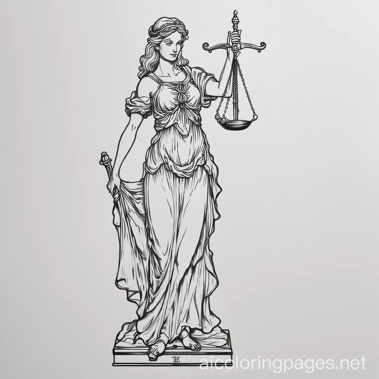 Lady Justice, Coloring Page, black and white, line art, white background, Simplicity, Ample White Space. The background of the coloring page is plain white to make it easy for young children to color within the lines. The outlines of all the subjects are easy to distinguish, making it simple for kids to color without too much difficulty