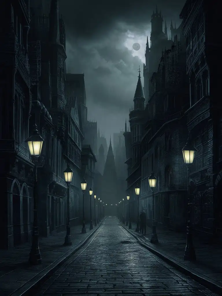 Улица мрачного готического города освещенная ночными фонарями