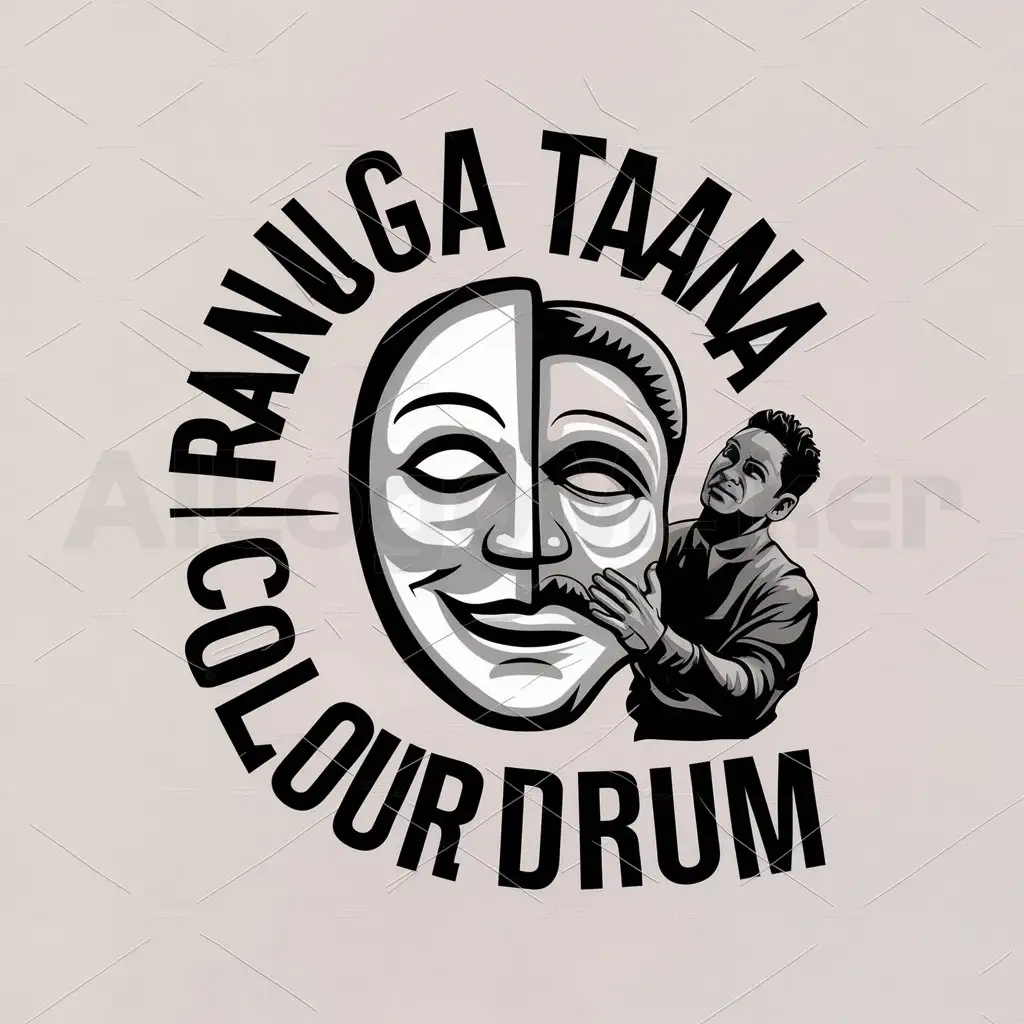 a logo design,with the text "Ranga taana Colour drum", main symbol:A face having a mask which is half happy and half sad and a man holding that mask,complex,be used in Entertainment industry,clear background