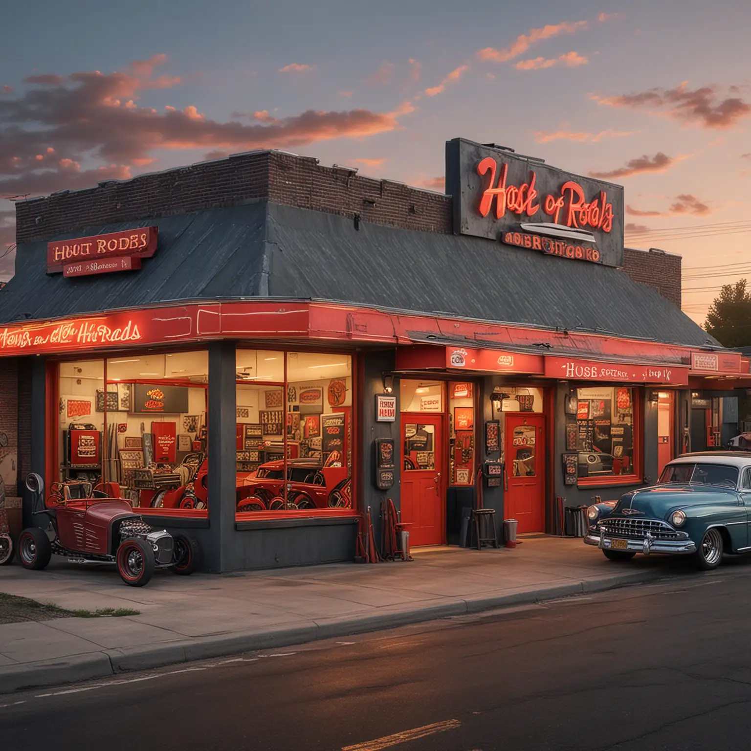 realistic picture of a real shop called, House of Hot Rods.