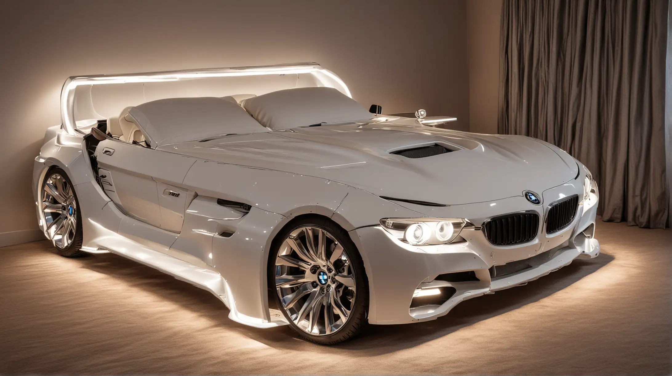 Double bed in the shape of a BMW car with headlights on and a beautiful interior