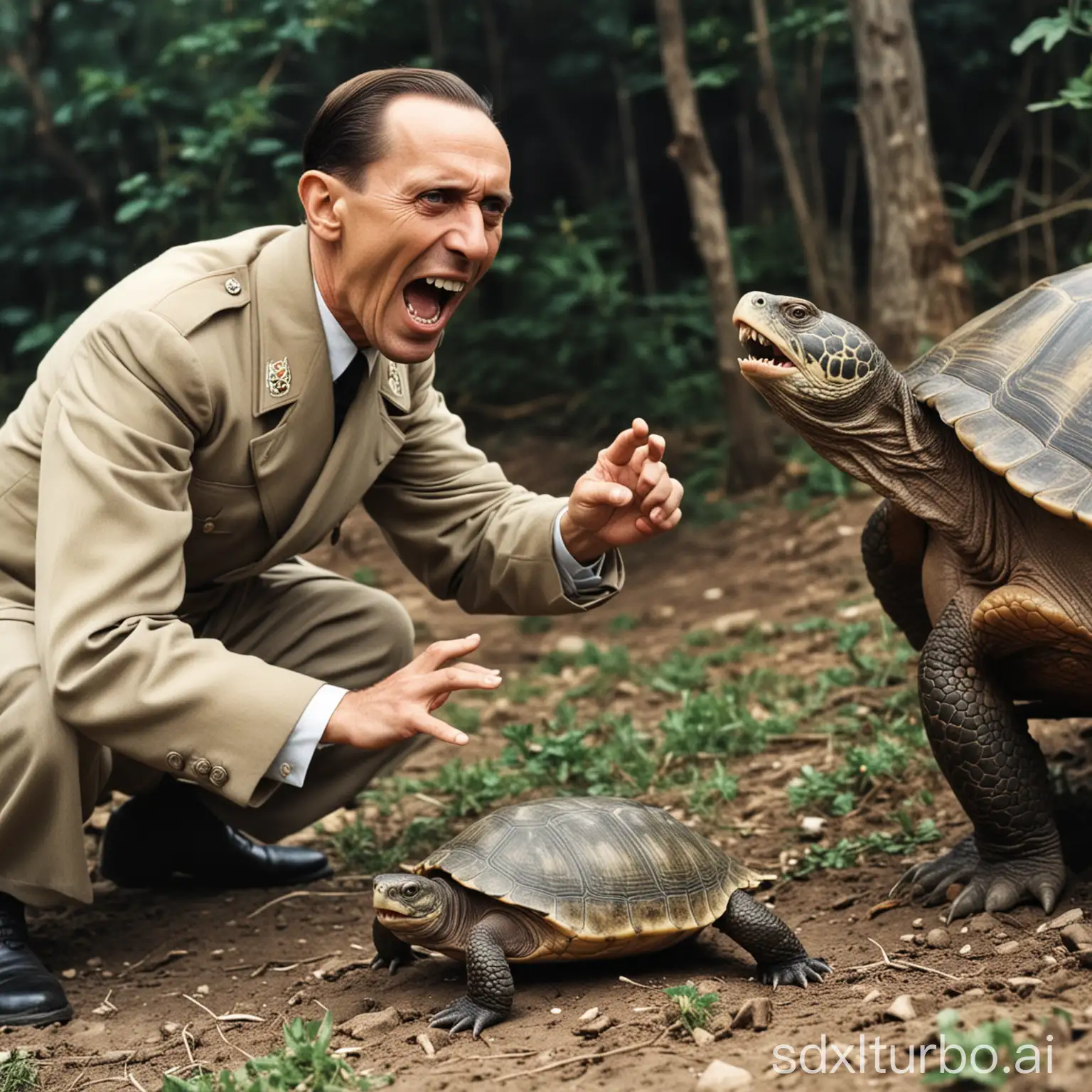 old color photo of joseph goebbels screaming as he is getting his finger bit by a turtle