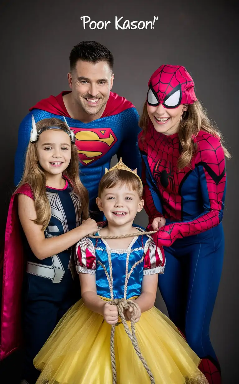 Colorful-Halloween-Family-RoleReversal-Portrait-Superhero-Parents-and-Princess-Son-Tied-Up