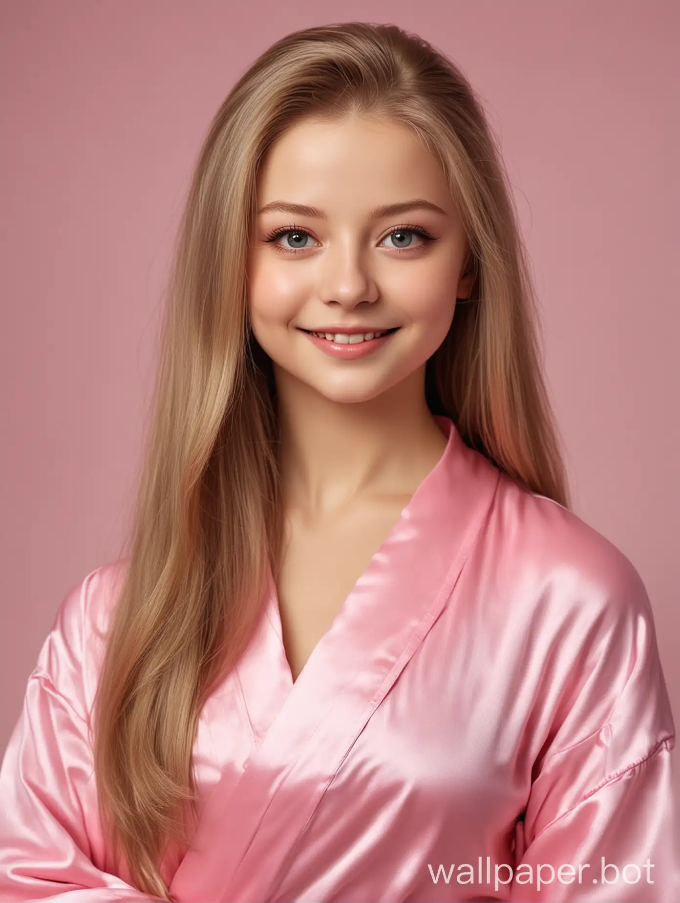 Realistic cutie Yulia Lipnitskaya with long straight silky hair in a pink silk robe smiles