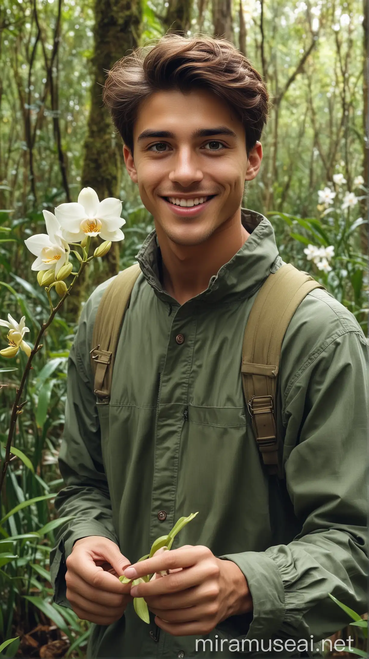 Handsome Young Adventurer Smiling While Picking Rare Orchid in Wilderness Forest