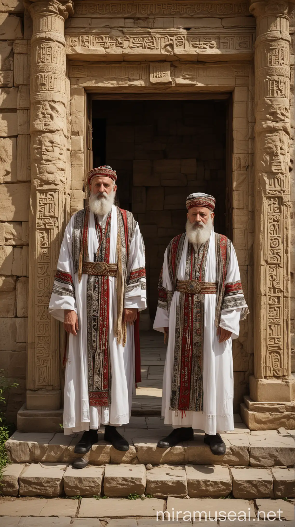 Illustrate a group of gatekeepers at the entrance of an ancient temple. The gatekeepers, dressed in Jewish traditional Levite garments, are standing vigilantly, symbolizing their important role in maintaining the sanctity of the temple."