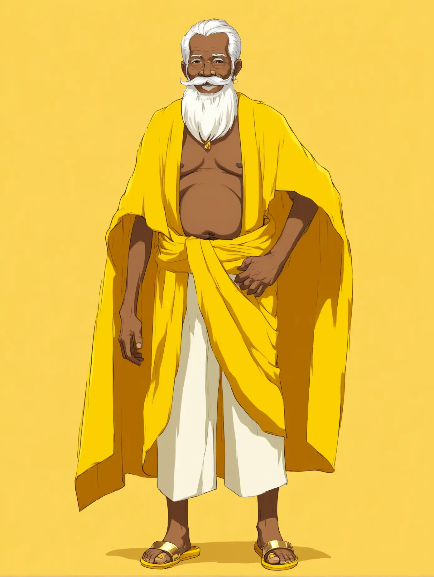cartoon image of a 70 year old Indonesian man. long white hair, athletic dark skin, white beard and moustache, gold jewelry, bare chested, with long yellow cloth, yellow sandals, yellow backround
