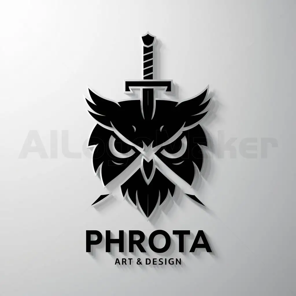a logo design,with the text "phrota", main symbol:silhouette with the face of an owl with a sword through it,complex,be used in art industry,clear background