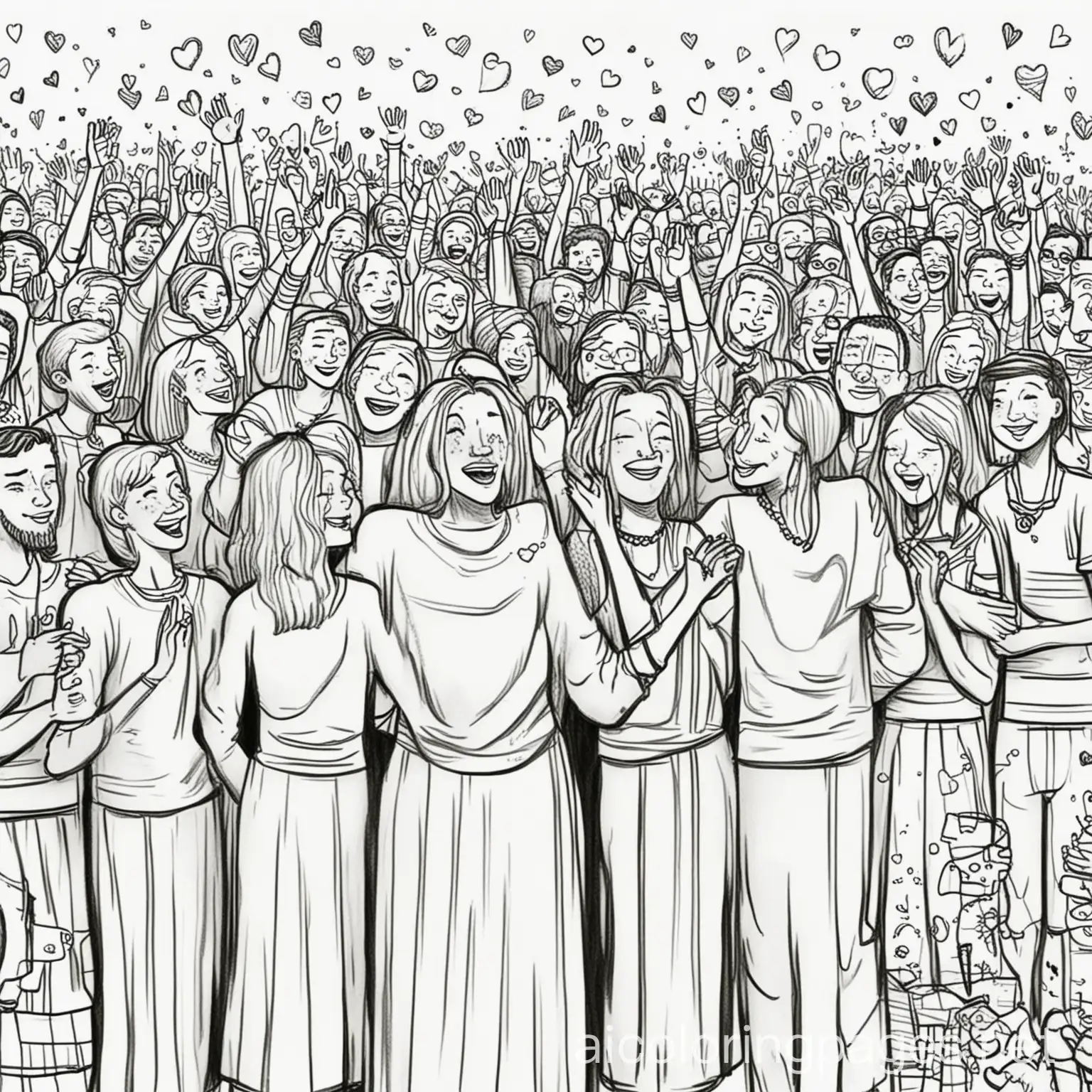 community of people celebrating love and happiness, Coloring Page, black and white, line art, white background, Simplicity, Ample White Space. The background of the coloring page is plain white to make it easy for young children to color within the lines. The outlines of all the subjects are easy to distinguish, making it simple for kids to color without too much difficulty