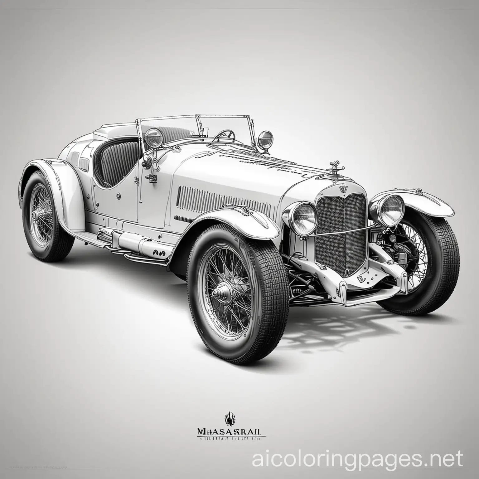 Maserati Tipo 26 from 1926 coloring page, Coloring Page, black and white, line art, white background, Simplicity, Ample White Space. The background of the coloring page is plain white to make it easy for young children to color within the lines. The outlines of all the subjects are easy to distinguish, making it simple for kids to color without too much difficulty