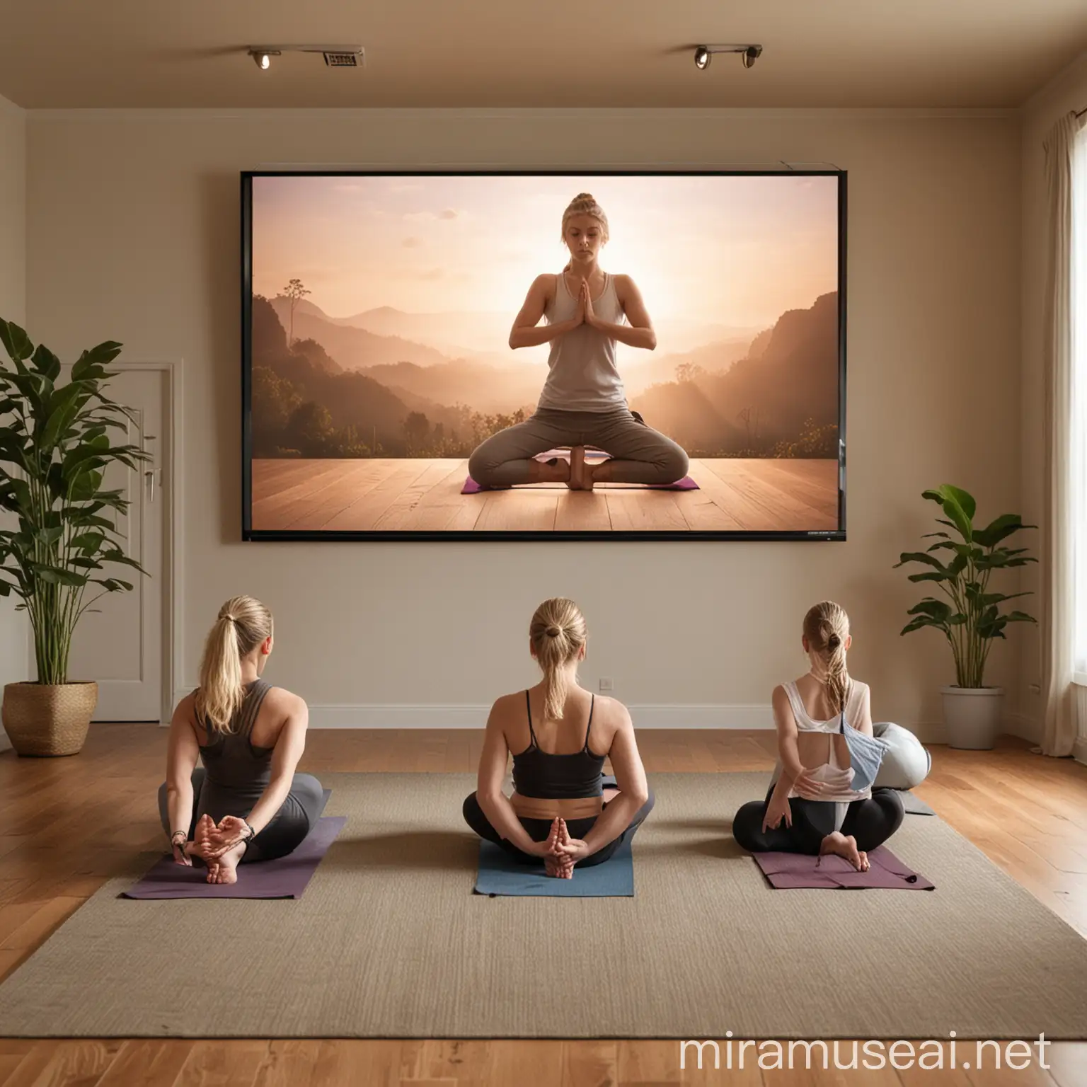Two Young Individuals Practicing Yoga in Home Theater