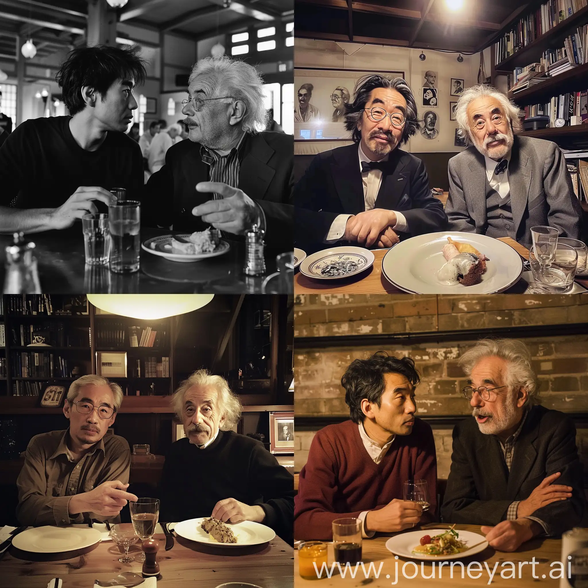 Haruki-Murakami-and-Einstein-Enjoying-Dinner-Conversation