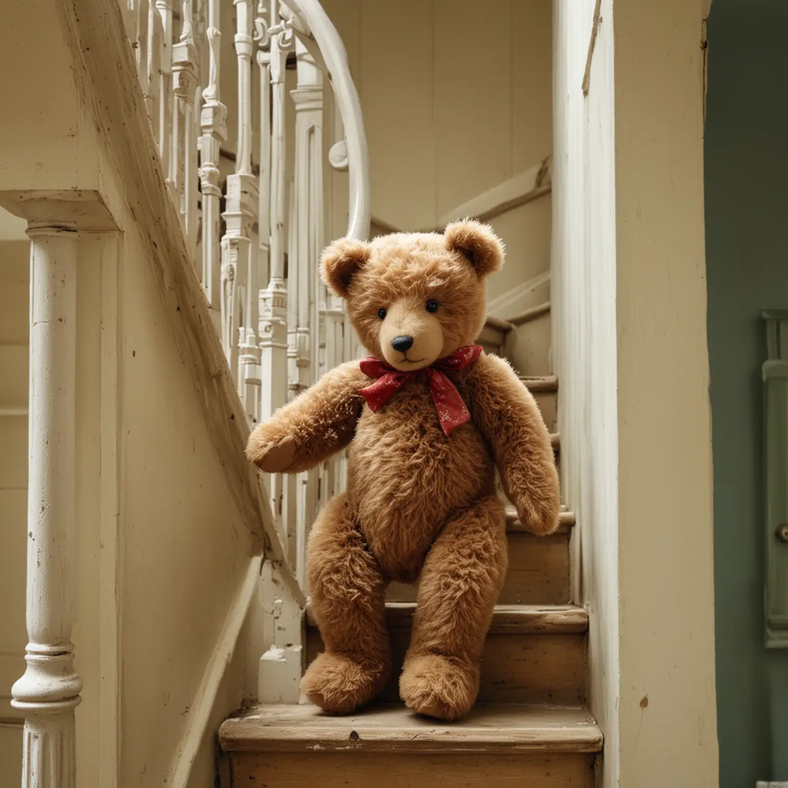 a small vintage teddy bear climbing up a large staircase in a victorian house