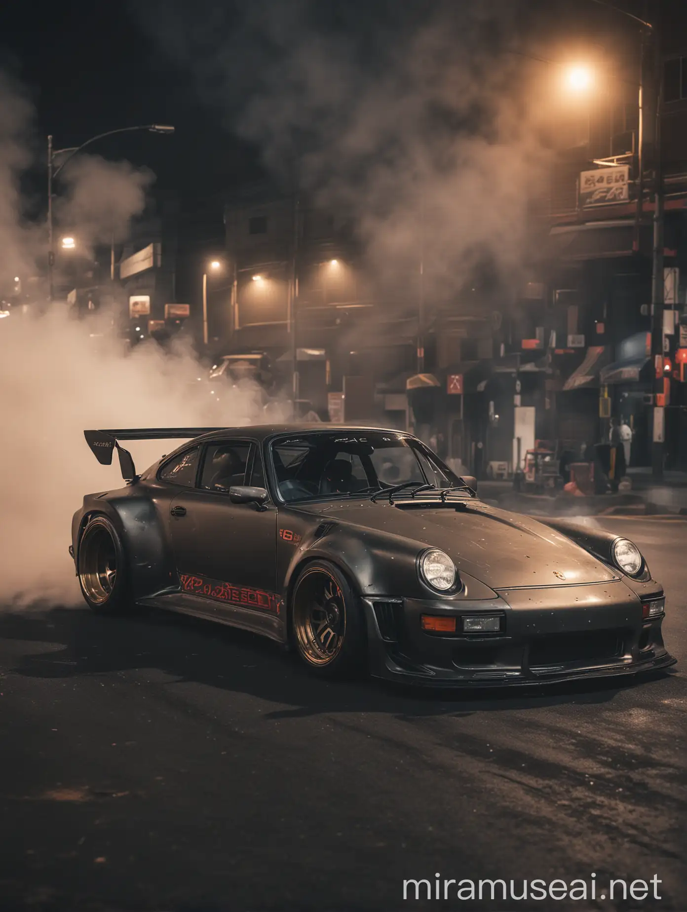 Akira Nakai Style Porsche Drift Photoshoot Dynamic Night Street Scene in Japan