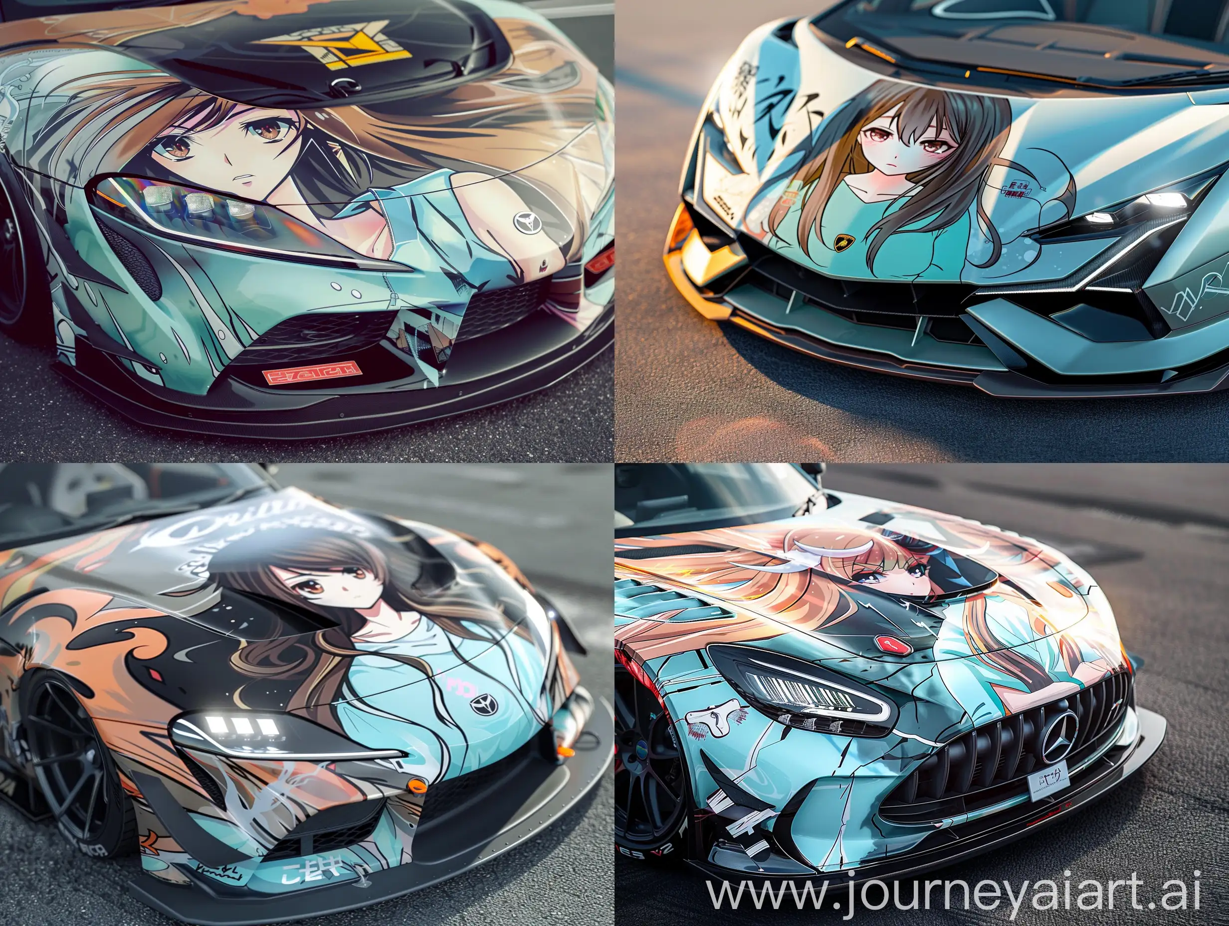 The image showcases the front end of a sports car, featuring a hyper-realistic, anime-inspired wrap on the hood by an unidentified artist. The composition highlights the car's sleek and aggressive design, with sharp headlights and a prominent logo. The subject of the wrap is a young woman with long, flowing hair, wearing a light blue outfit, creating a striking contrast against the car's surface. The background shows the car on an asphalt surface, suggesting a setting suitable for a photo shoot. The vivid colors of the wrap stand out, drawing attention to the detailed and expressive illustration amidst the otherwise monochromatic environment.