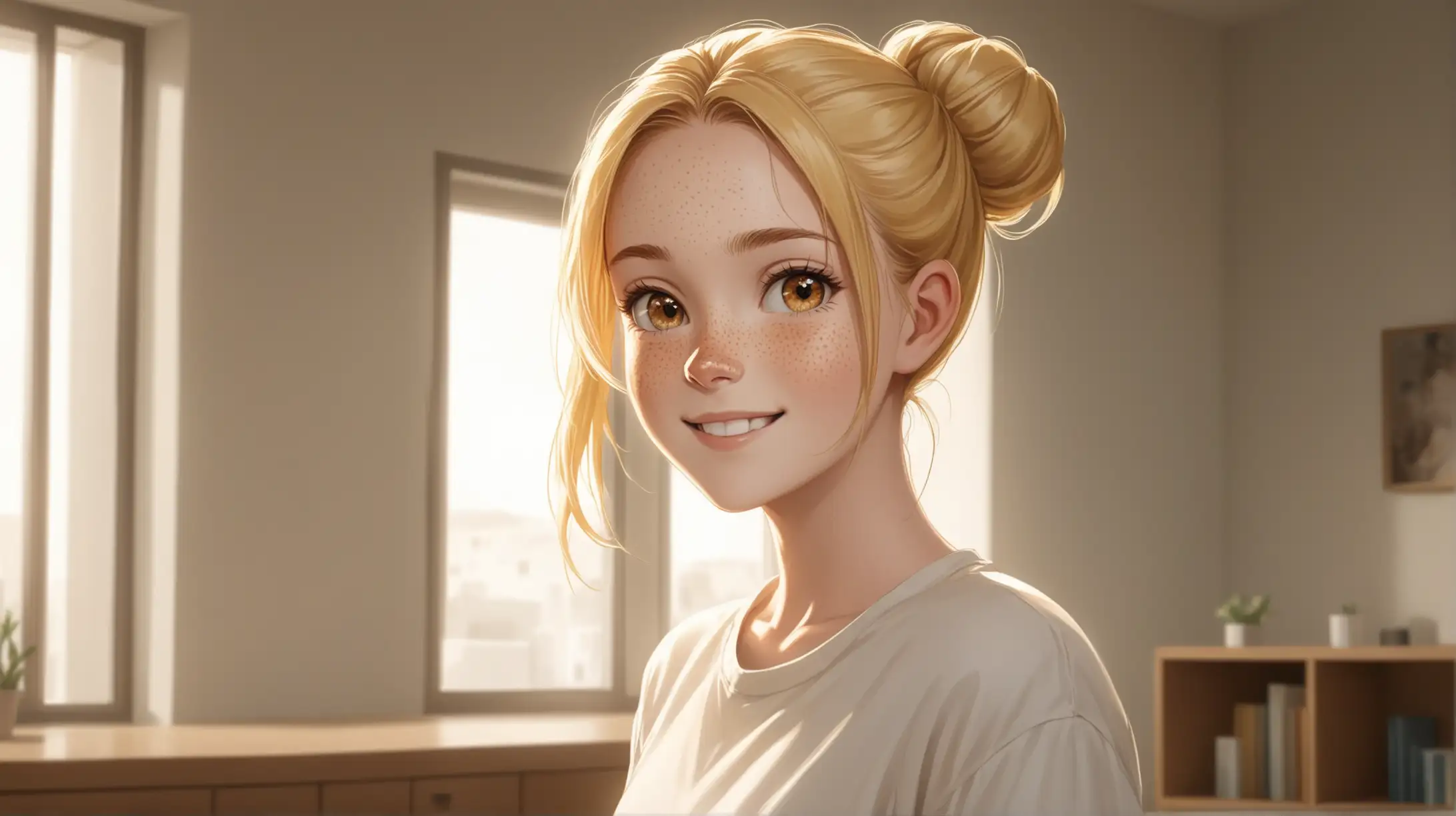 Draw a young woman, long blonde hair in a bun, gold eyes, freckles, medium figure,
shorts and a shirt, smiling, high quality, long shot, indoors, natural lighting
