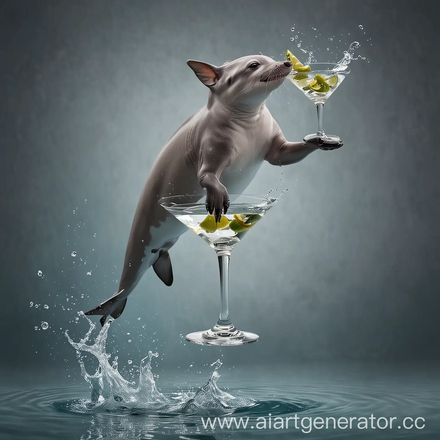 дельфин держит бокал мартини и прыгает над водой
