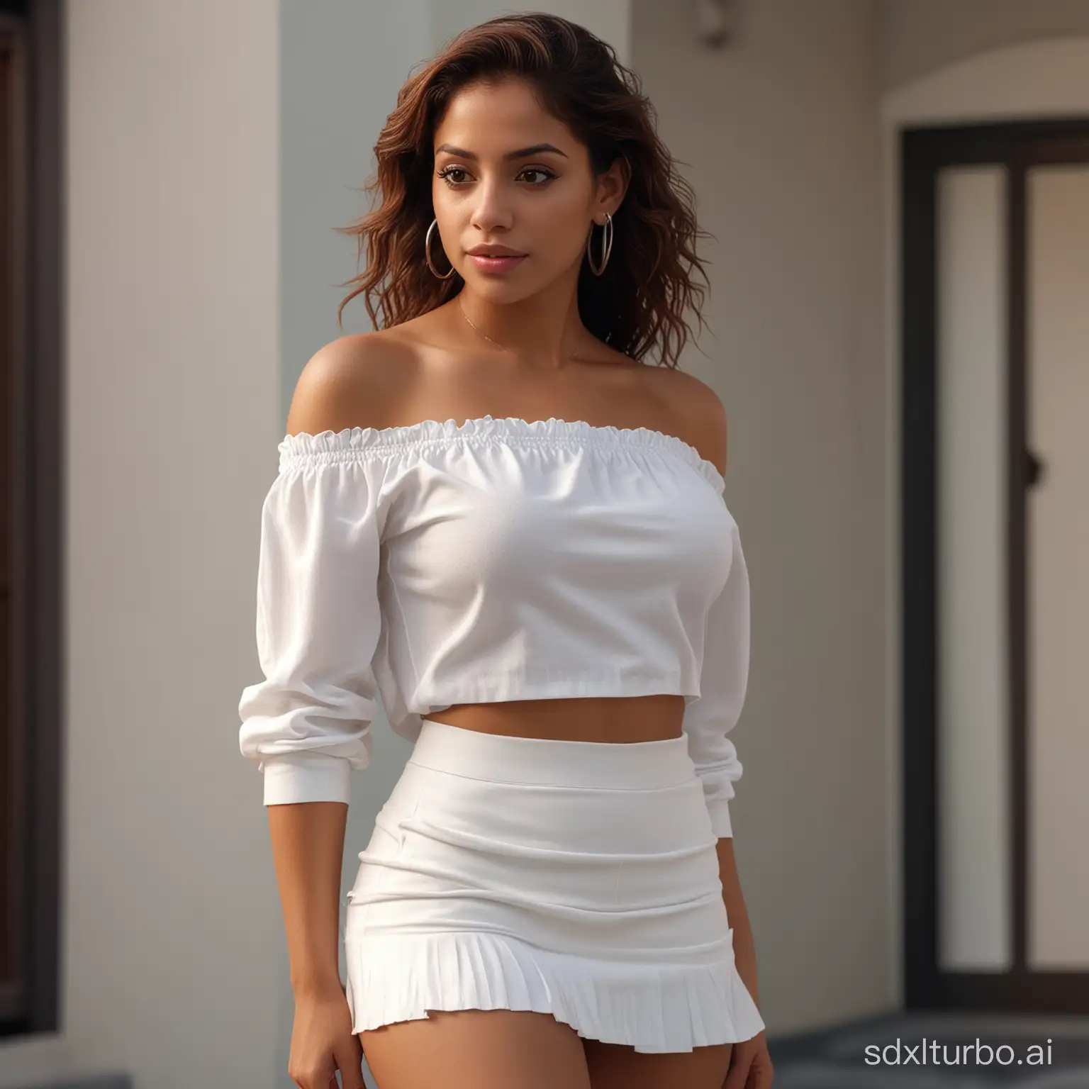 Attractive young Puerto Rican woman, wearing a miniskirt , and a over the shoulder white blose, 4k resolution, ar 16:9, cinematic, super-realistic