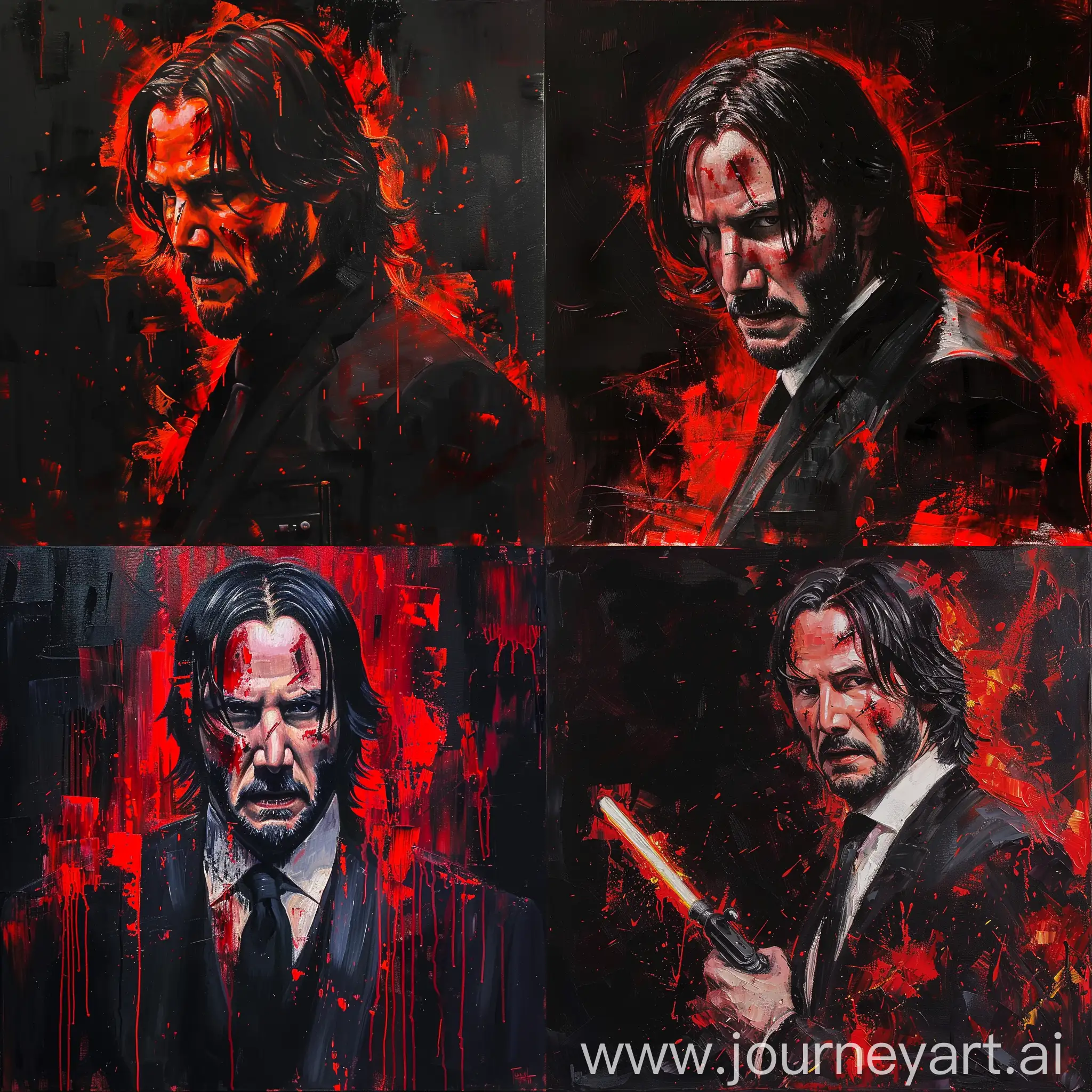 Oil painting of john wick in star wars style, dark, moody, full of bright red colour in chalk like form
