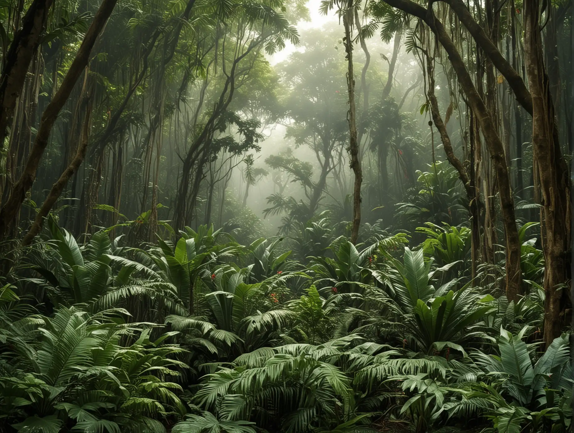 Vibrant-Tropical-Forest-Landscape-with-Lush-Greenery-and-Exotic-Wildlife