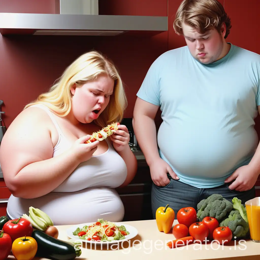 Produce an image but showing a white guy and white female both slightly fat and struggling with their food.