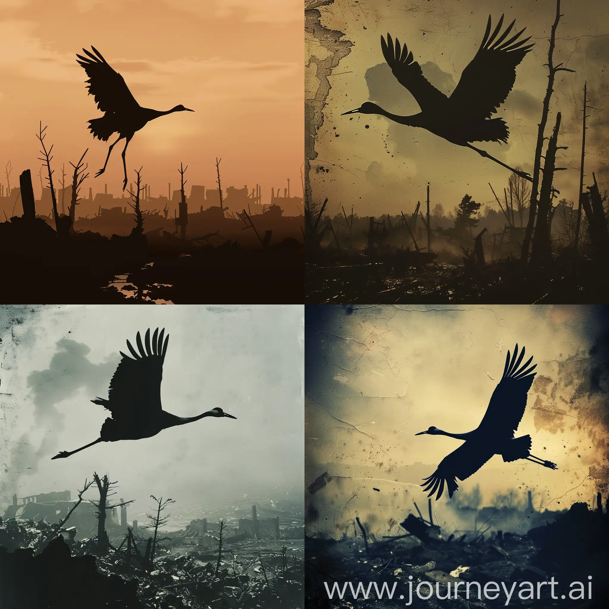 The silhouette of a crane flying against the backdrop of a war-torn landscape, symbolizing the enduring spirit of those who fought in the Great Patriotic War.
