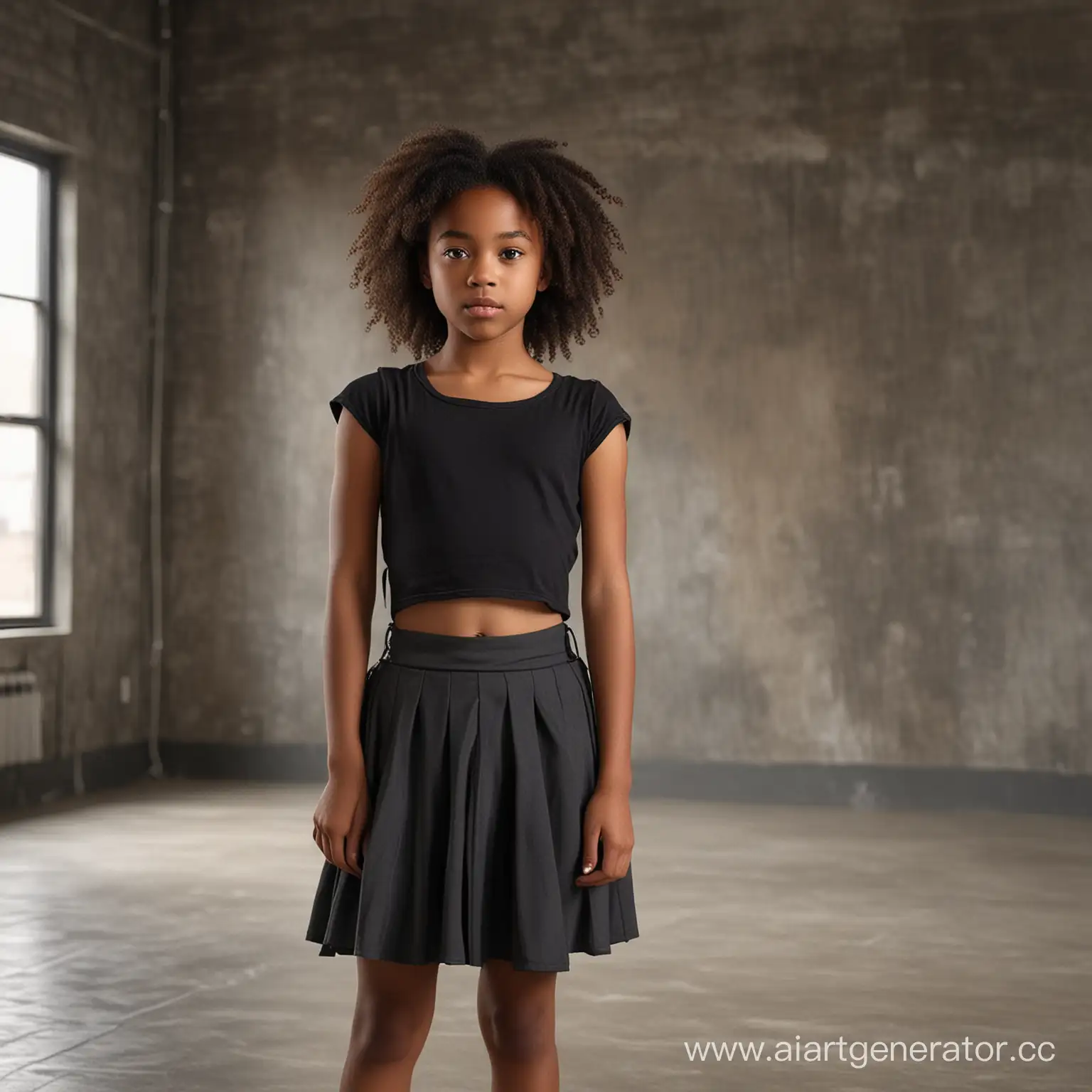 девушка афроамериканка по пояс на размытом фоне серой комнаты в стиле лофт в темной одежде и  юбке в модельной позе 